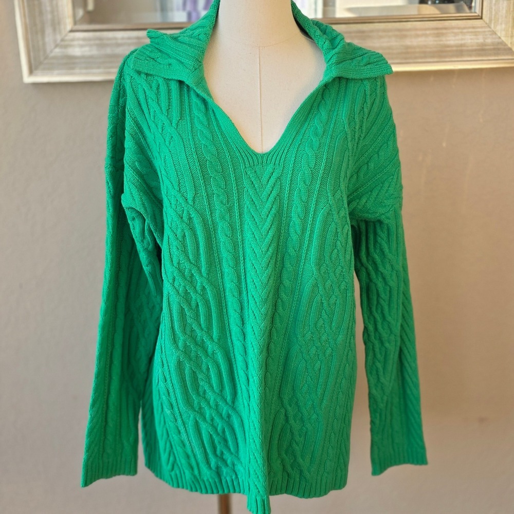 J.Jill Petite‎ Green Cable Knit Cotton Blend V Neck Collared Sweater Medium MPe